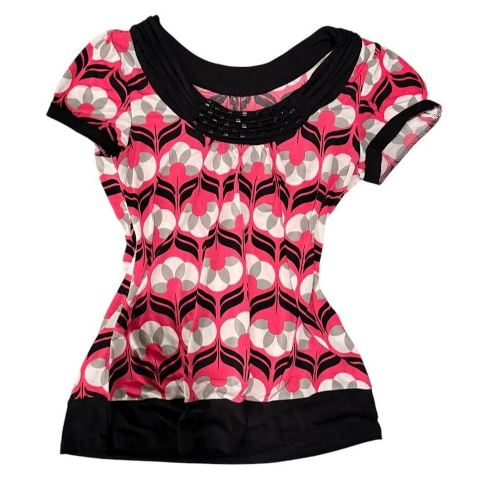 Pink Black Geometric Floral Print Crop Top M/L — Y2K Retro Mod Trendy Colorblock